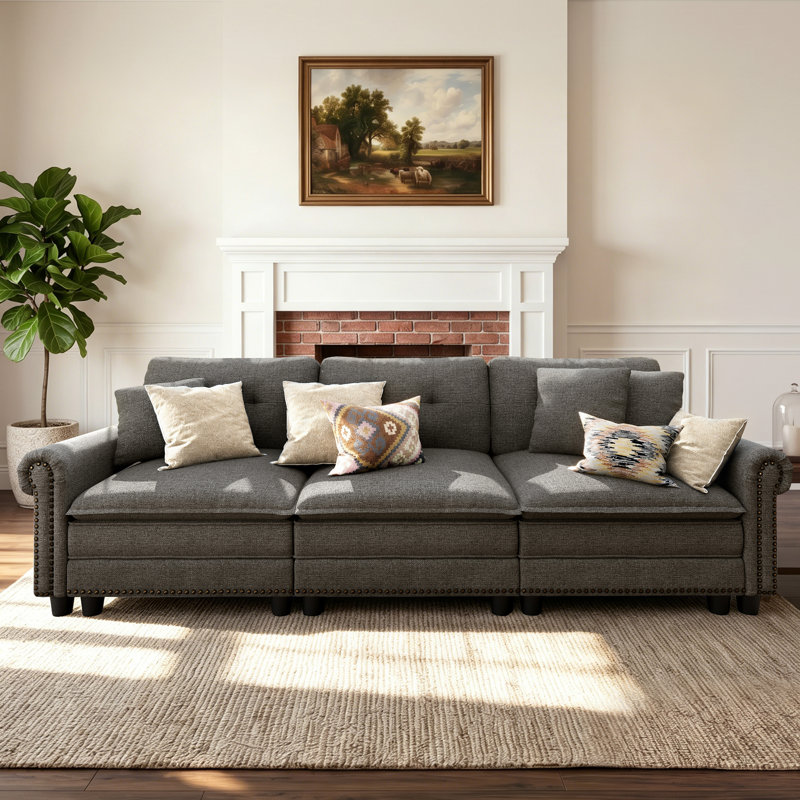 124" Modular Sectional Sofa With Nailhead Trim, Comfy Cloud Couch For Living Room, 3-seater Deep Seat Sofa With Throw Pillow