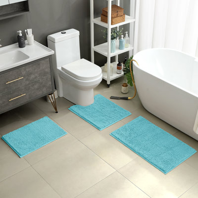  Ensemble de 3 tapis de salle de bain, tapis de bain en chenille ultra doux et antidérapant (bleu clair, 17 po x 24 po + 20 po x 32 po + forme en U 20 po x 24 po)