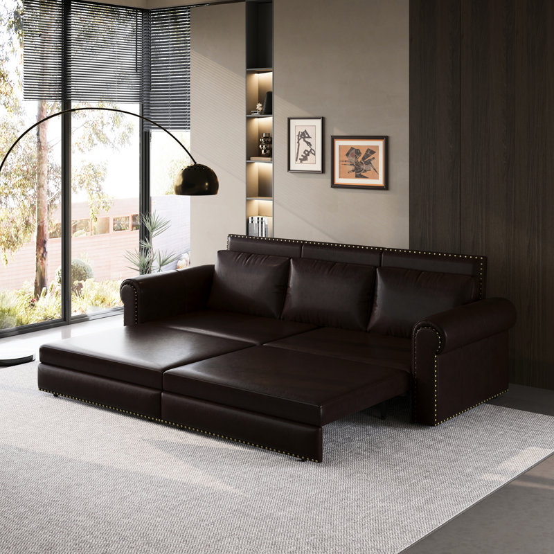 Multifunctional Leather Sofas Bed, 3-in-1 Convertible Design, Dark Brown