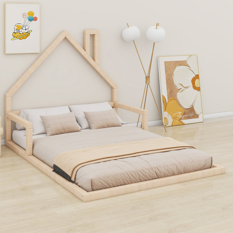 Lit en bois avec tête de lit en bois, Lit double, Naturel