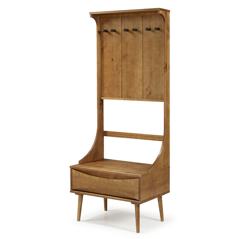 Arbre d'entrée en bois de pin massif Malena avec banc et rangement pour chaussures, Caramel