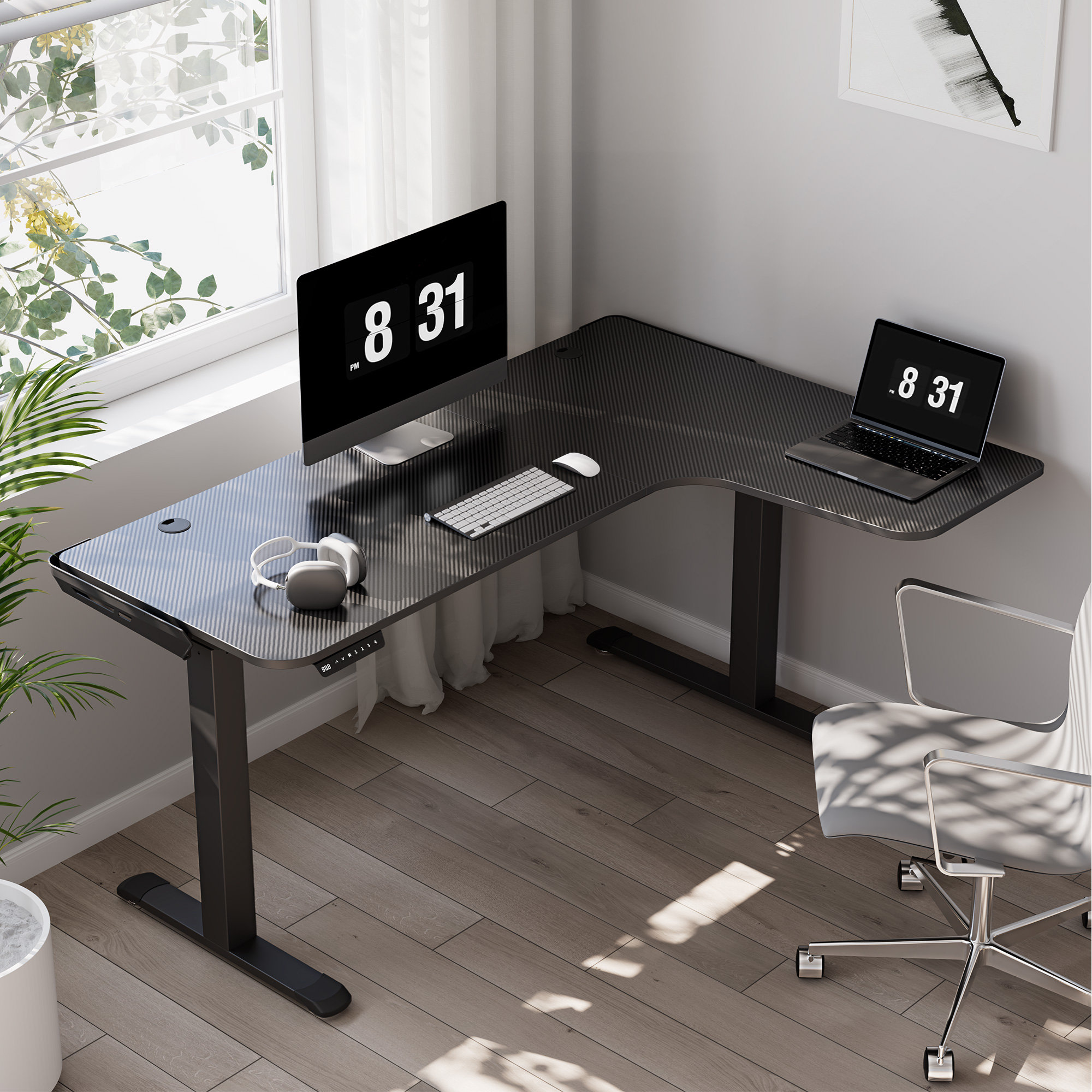 L Shaped Desk with Lift Top, Rustic Height Adjustable Standing Desk  Workstation for Home Office