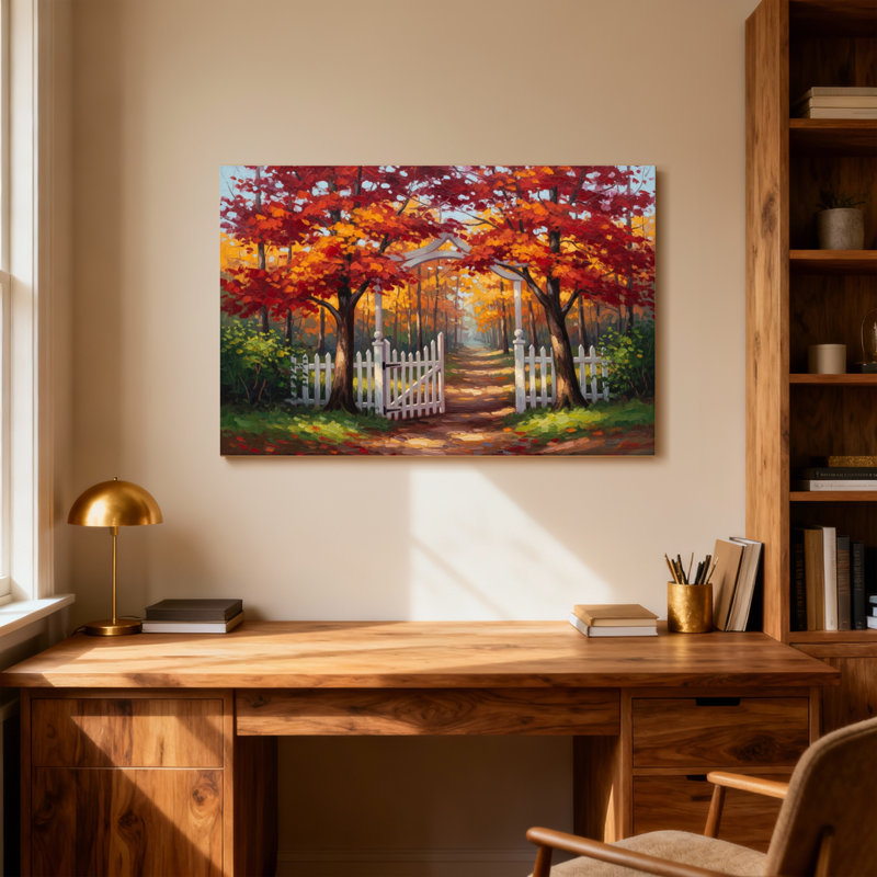 Paysage et nature, arbres d'automne, barrière, sentier, scène de jardin, H 20 po x l 30 po