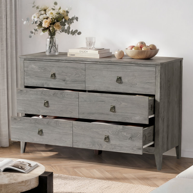Farmhouse 6 Drawers Dresser Chests For Bedroom, Gray