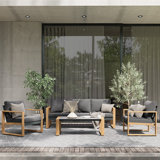 Arunas 5 Person Outdoor Conversation Furniture Set Seating Group with Wood Pattern and Cushions