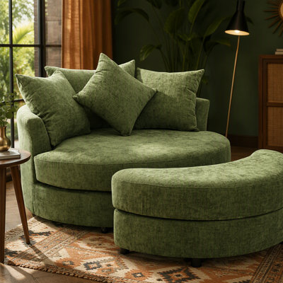 360° Swivel Accent Barrel Chair with Storage Ottoman & 4 Pillows, Modern Chenille Leisure Chair Round Accent for Living Room, Green
