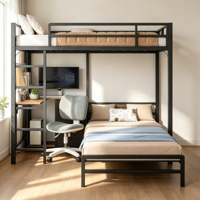 Lit superposé avec table pliante, 3 tiroirs de rangement, en métal, pouvant accueillir un lit simple, équipé de lumières DEL et de stations de charge, lit superposé avec garde-corps et échelle