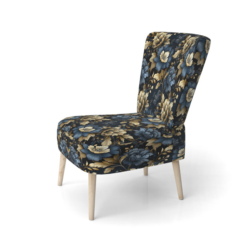 Chaise d'appoint rembourrée traditionnelle bleu foncé et dorée Glamour damassé dorée