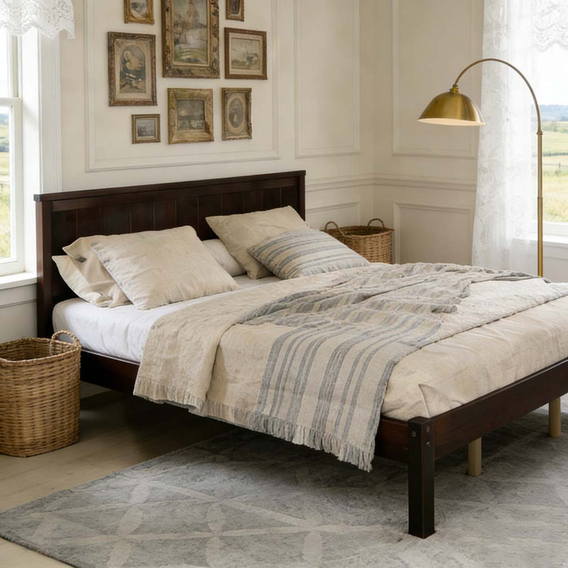 Base de lit plateforme avec tête de lit, support à lattes de bois, aucun sommier nécessaire, Espresso