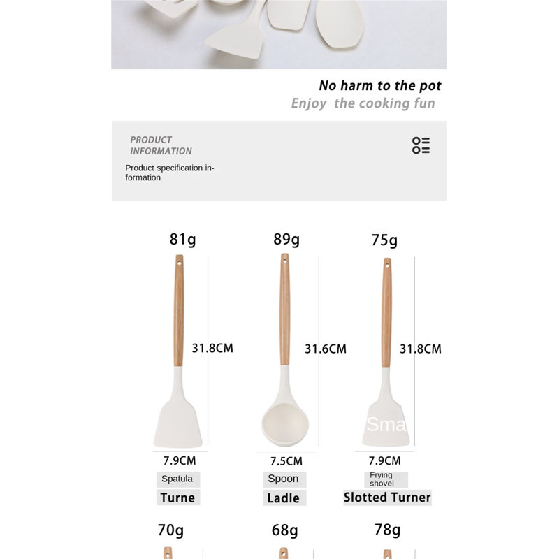 Ensemble d'ustensiles de cuisine en silicone 11 pièces avec poignées en bois - Outils de cuisine antiadhésifs résistants à la chaleur
