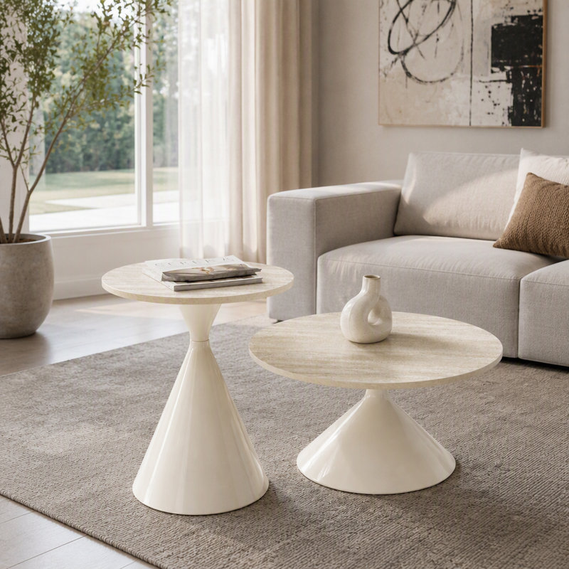 Ensemble de 2 tables basses rondes avec base en acier, table basse multifonctionnelle et élégante, Blanc naturel / blanc
