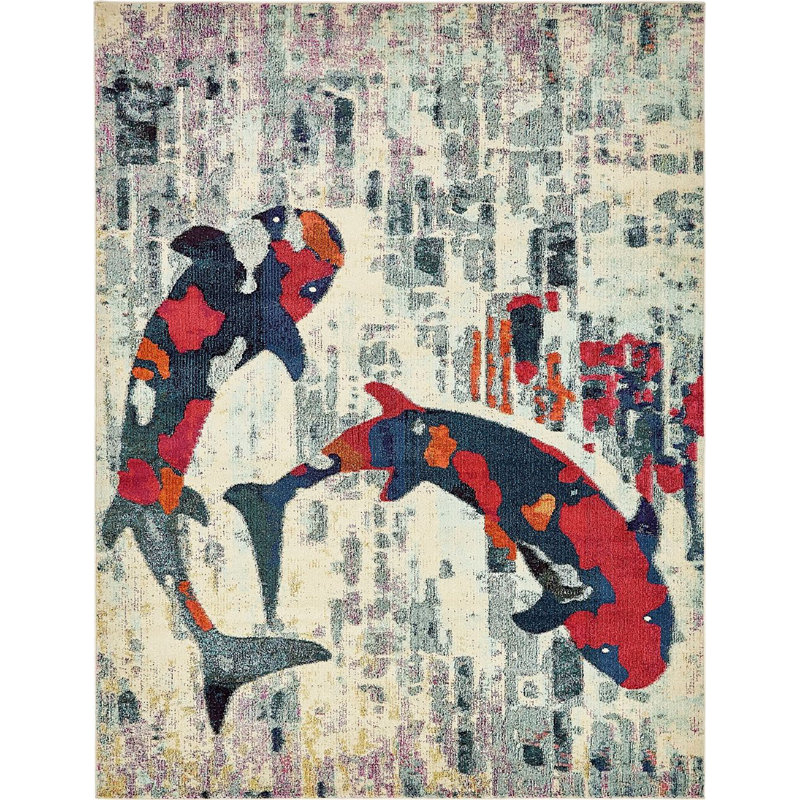 Tapis crème / bleu à motif abstrait Grigsby, Rectangle 8 pi x 10 pi