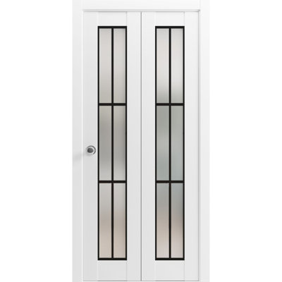 Sliding Closet Bi-fold Doors 84 x 96 in (2x 42x96) Planum 2122 White Silk with Frosted Glass Sturdy Tracks Moldings Trims Hardware Set Wood Solid Bedroom Wardrobe Doors
