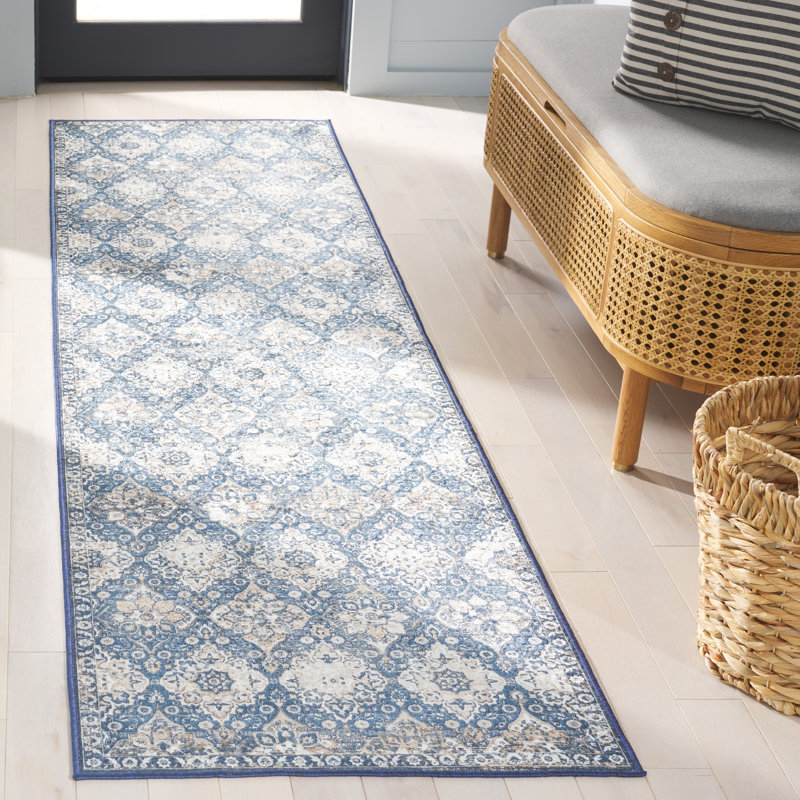 Wilmary Orlando Felt/Velvet/Laminated Film Machine Washable Southwestern Rug in Blue/Beige, Runner 2'2" x 8'