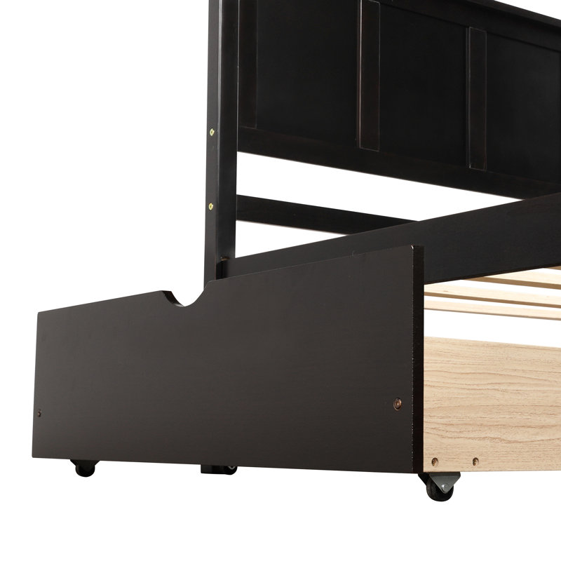 Lit plateforme simple avec 2 tiroirs sous roulettes et roulettes en bois massif et matériaux, Espresso