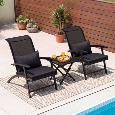 3-Piece Outdoor Patio Furniture Set, Folding Conversation Set with Coffee Table, Adirondack Chairs for Garden, Balcony, Backyard, Poolside, All-Weather Wicker Patio Chairs (Black Cushion)