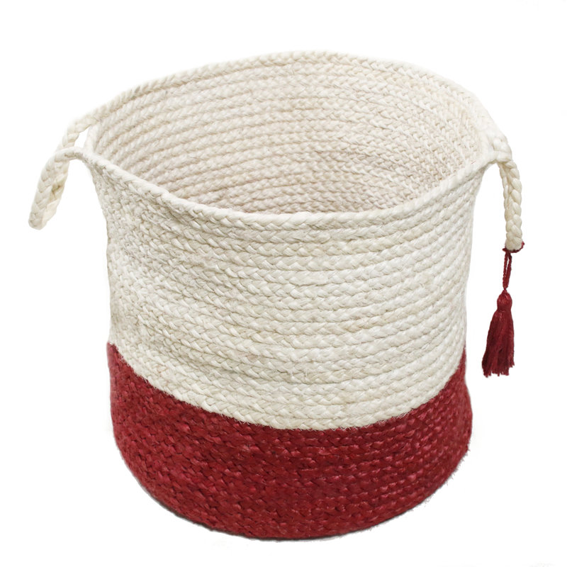 Handmade Natural Jute Relaxed Storage Basket, 17" H x 17" W x 17" D, White/Red