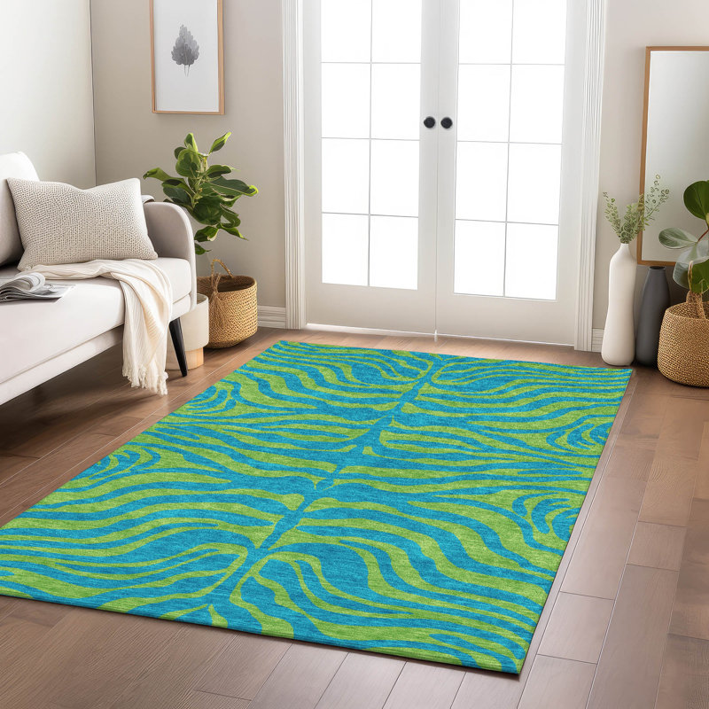Teal and Green Zebra Pattern Washable Synthetic Area Rug