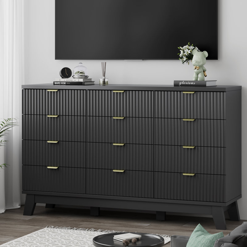 Commode cannelée à 12 tiroirs pour chambre à coucher, commode de 57 po de largeur avec poignée en métal, pieds de table robustes, grande commode de rangement pour le salon