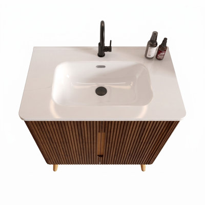 Meuble-lavabo simple en noyer rayé 30 po avec plateau en céramique Motohisa, meuble-lavabo moderne en bois avec rangement à 2 portes