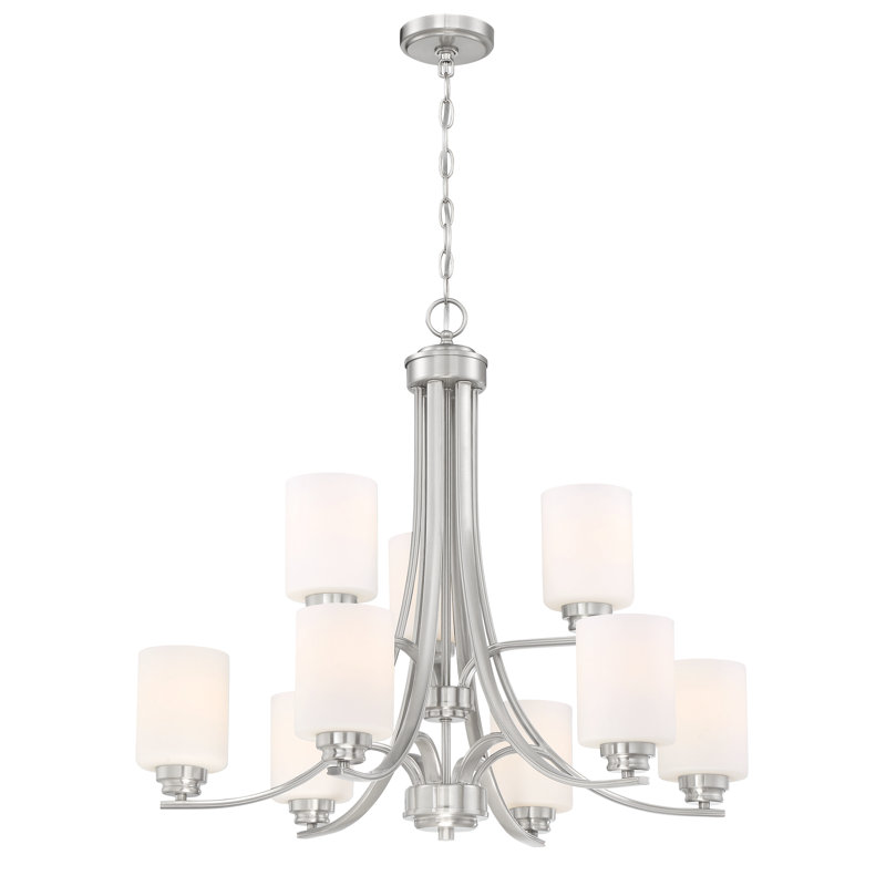 Lustre à niveaux 9 lumières statement Omur, Nickel poli brossé, Blanc givré