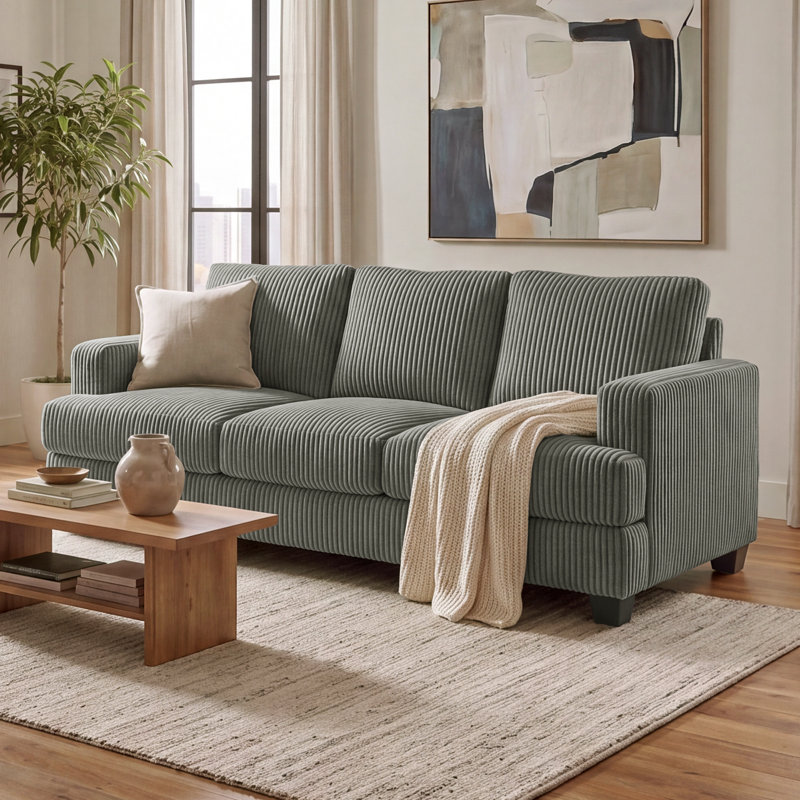 89" Corduroy Sofa, 3-Seater Upholstered Couch With Deep Seat, 18" High Back, Wide Corduroy , Grey, Gray Corduroy