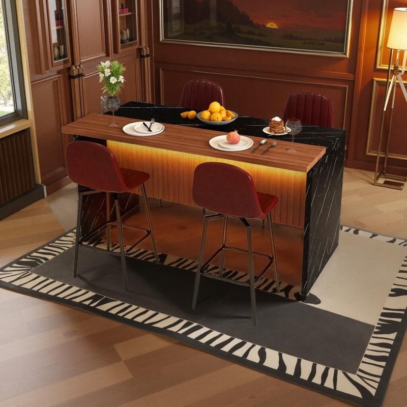 Ensemble d'îlot de cuisine 63 pouces avec 4 tabourets de bar - surface d'aspect marbre avec éclairage DEL, Noir