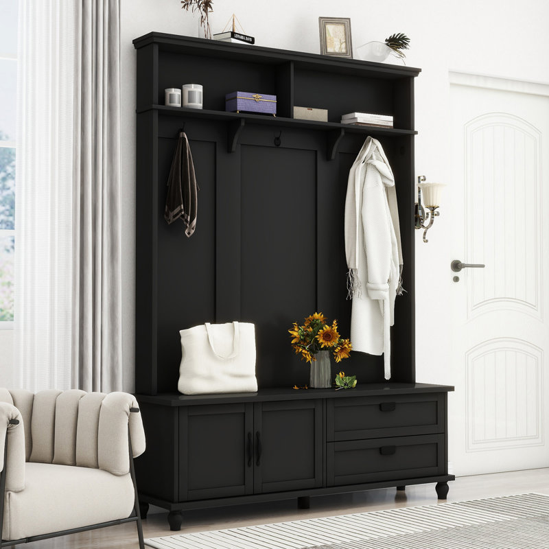 Hall Tree With Storage Cabinet And 2 Large Drawers, Widen Mudroom Bench With 5 Coat Hooks, Black