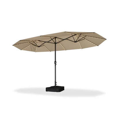 14ft Patio Market Beige Umbrella with Solar LED and Base Double-Sided Rectangle Outdoor Table Sun Umbrellas with Crank for Pool Beach Deck Backyard