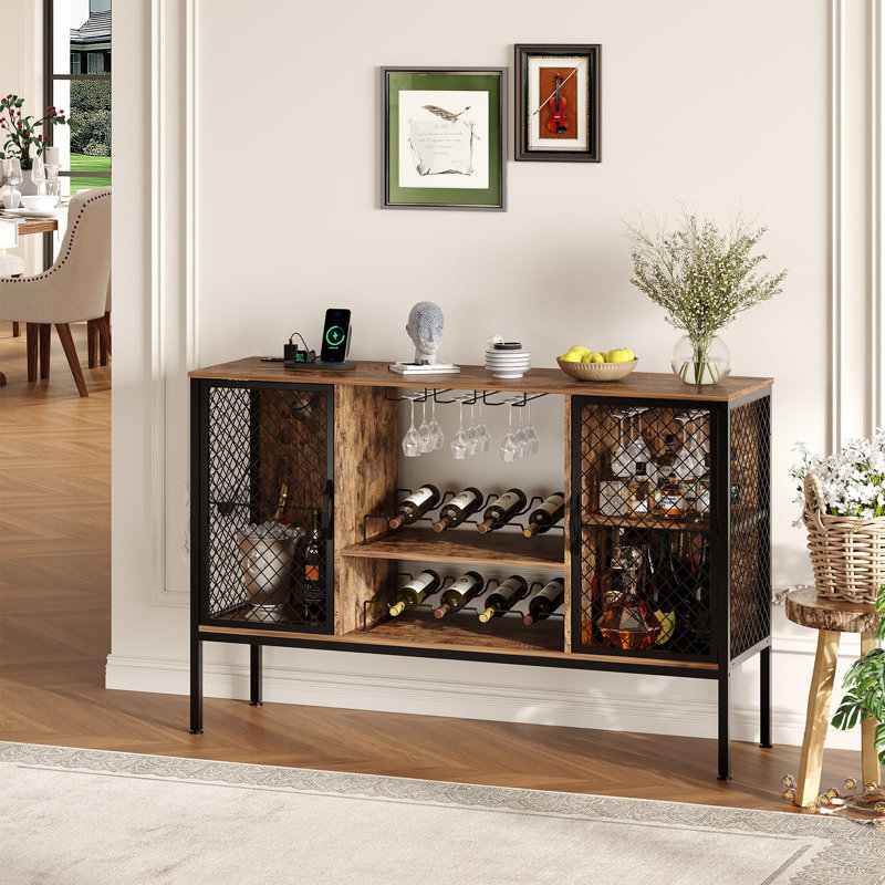 Industrial 47" Coffee Bar Cabinet with LED Lighting, Power Outlets, 2-Door Wood Wine Cabinet