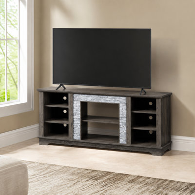 Console de divertissement moderne avec faux meuble télé en pierre avec espace de rangement ouvert réglable, pouvant accueillir un téléviseur de 65 pouces ou moins équipé de découpes pour la gestion des câbles, unité de rangement multifonctionnelle