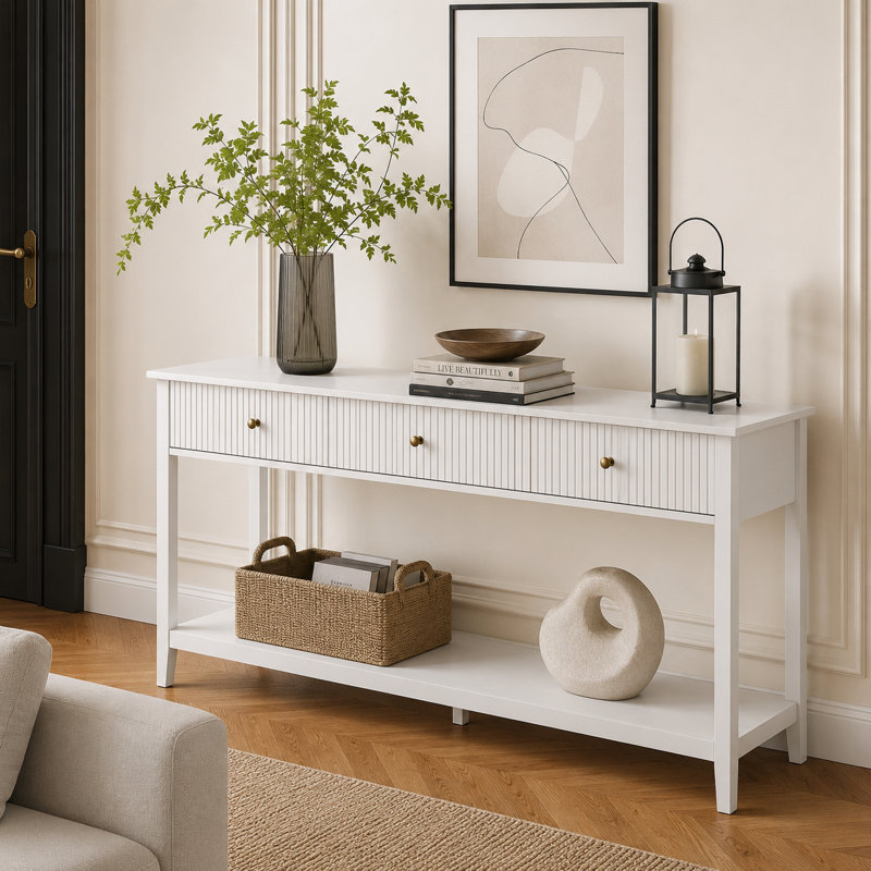 Table d'appoint étroite Pure White Modern avec trois tiroirs et une tablette de rangement