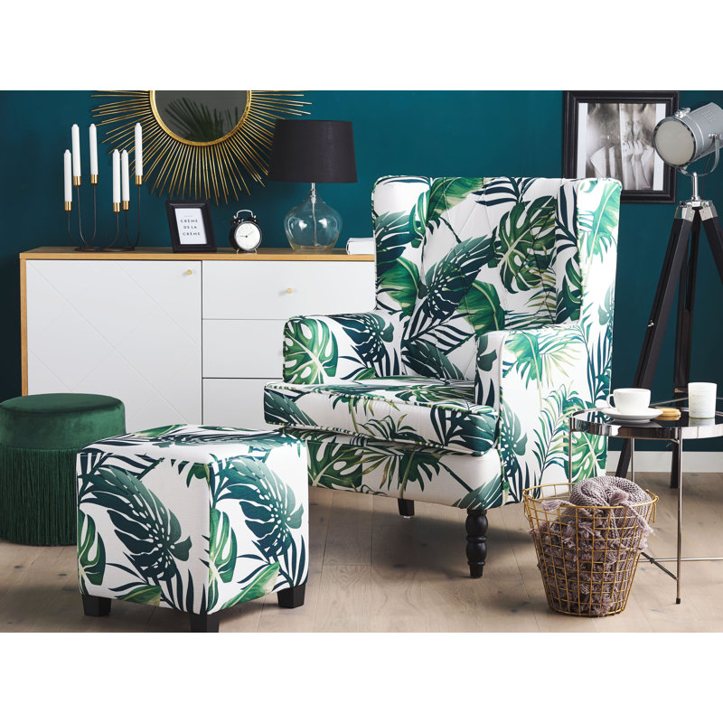 Richburg Upholstered Wingback Chair with Footstool, Leaf Pattern
