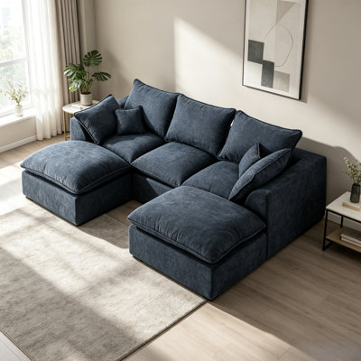 Canapé modulaire en forme de L Cloud, canapé modulaire 3 places avec 2 repose-pieds mobiles à siège profond sans assemblage, bleu
