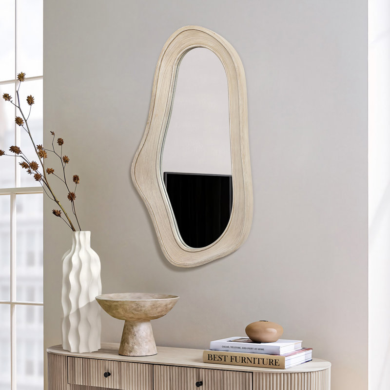 Natural Solid Wood Frame Irregular Oval Decorative Wall Mirror