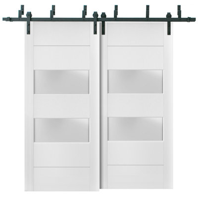 Lucia Frosted Glass Barn White Doors with Installation Hardware Kit