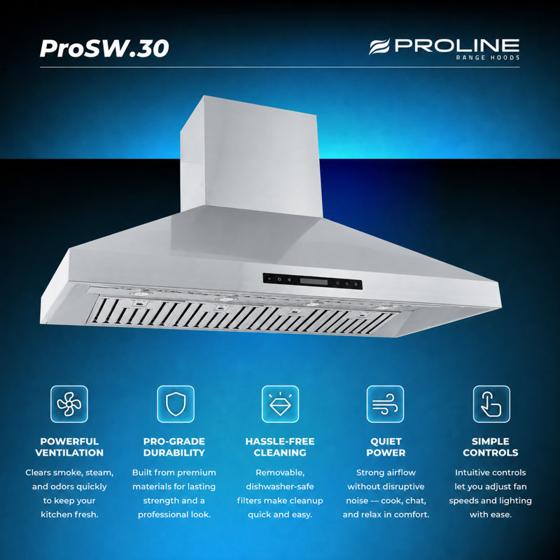 PROLINE 30-Inch Wall Mount Range Hood, CFM 900, Stainless Steel, ULTRA-QUIET Blower Motor, 4 Speed, 3-Year Warranty