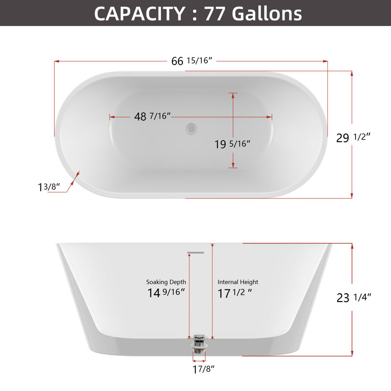 Biocura 55" x 28" Freestanding Soaking Acrylic Bathtub with Overflow Drain & Heat Retention, White