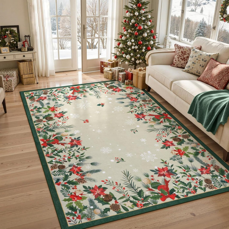Holiday Floral Border Area Rug 5' x 7' for Entryway, Red Green Beige
