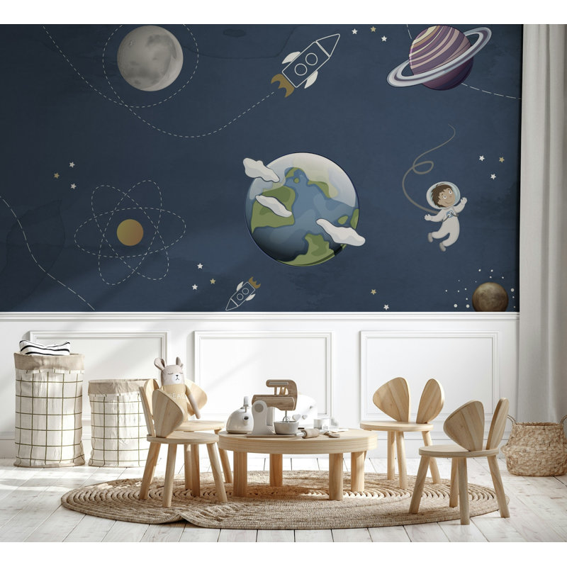 Papier peint marine avec planètes et fusées, L 37 po x l 56 po