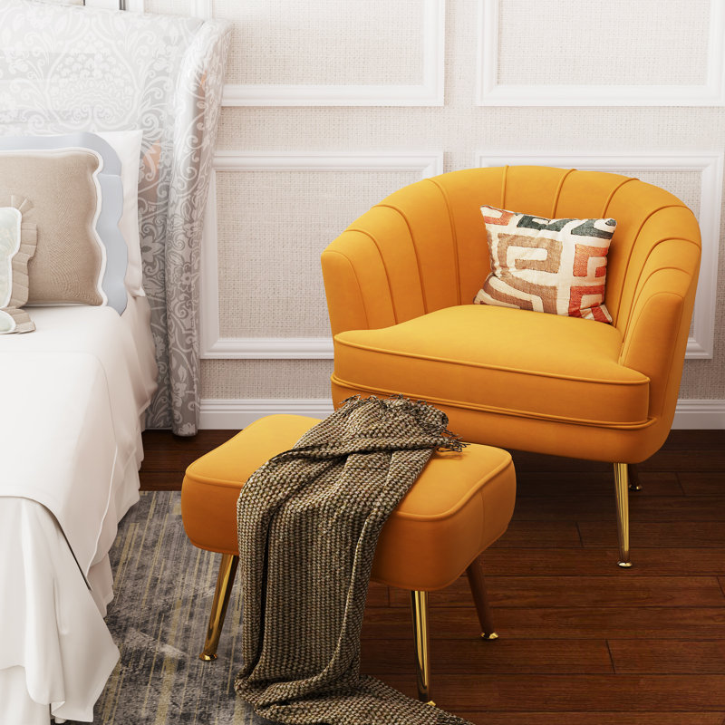 Latonia Upholstered Barrel Chair with Ottoman, Orange Velvet