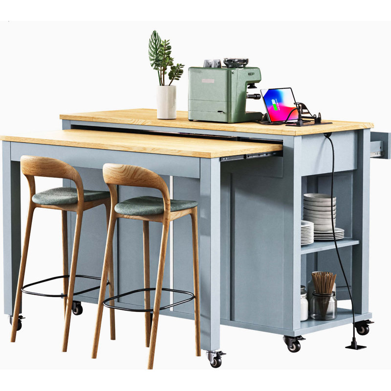 Expandable Dining Integrated Rolling Kitchen Island Cart, Rubber Wood Veneer Countertop with Inner Storage Rack and Built-In Power Outlet, Two Drawers and Dual Closed Storage Cabinets for Kitchen Organization