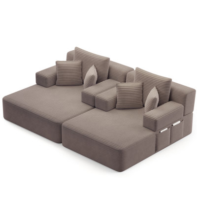 Oversized Double Chaise Lounge 2-Piece Set, Luxurious Plush Corduroy Convertible Sofa Bed with 6 Pillows and Storage Pocket, for Small Spaces,Home Theater, Living Room, Coffee
