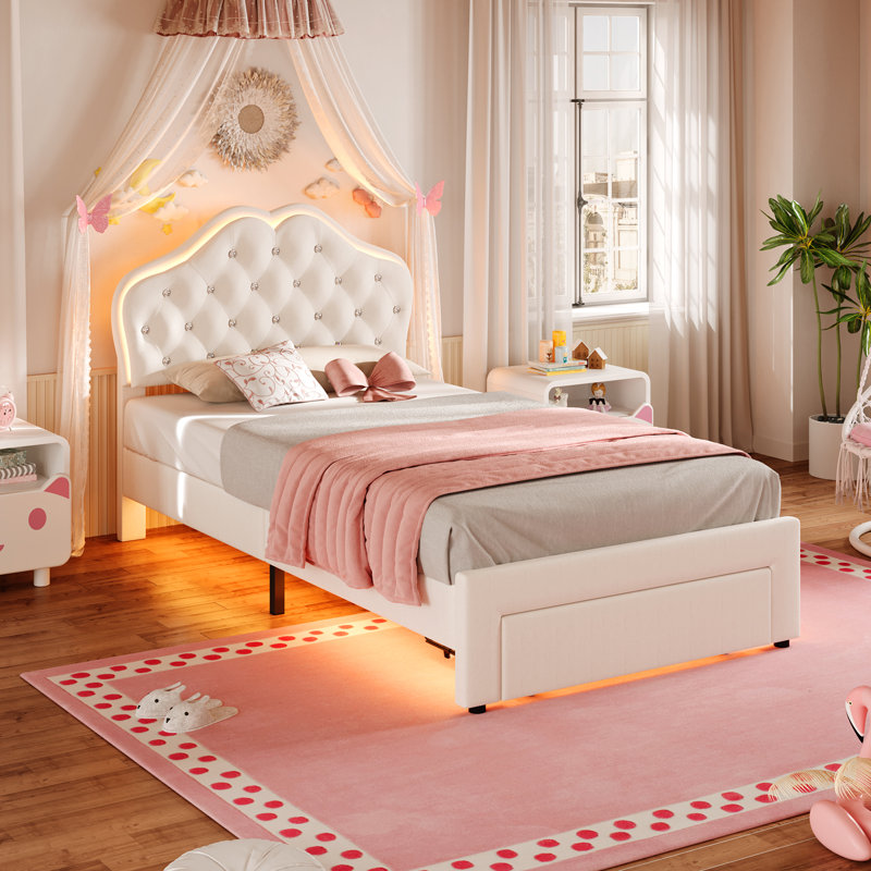 Cadre de lit princesse avec lumières à DEL RVB, Lit simple, Blanc