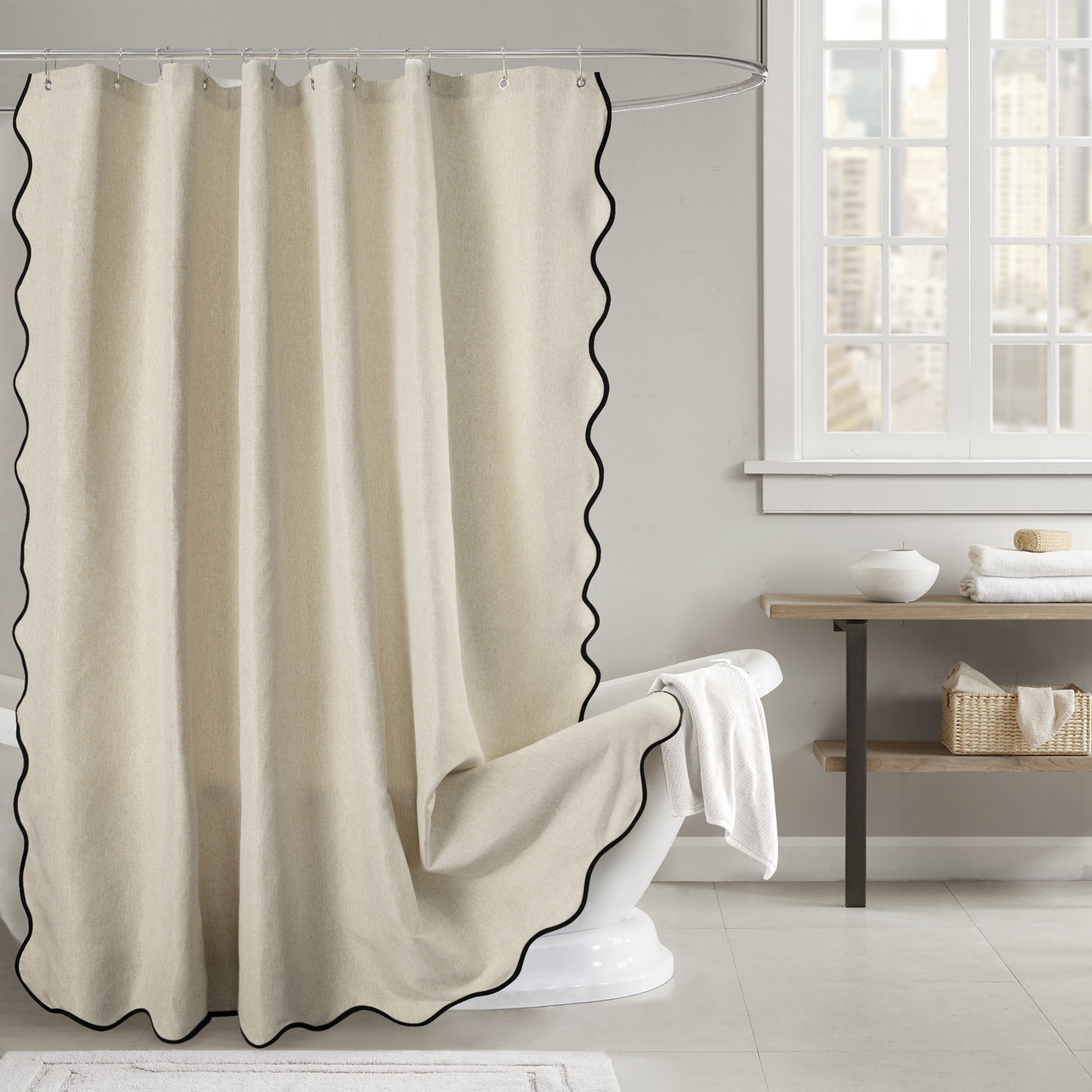 Linen Textured Scalloped Edge Shower Curtain, Cream, 84" H x 72" W