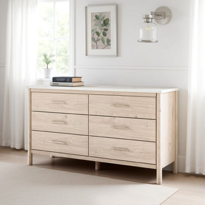 Mooran Wide Dresser, 6 Drawers, White Marble Finish Top,