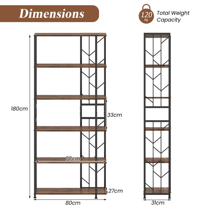 180cm H x 80cm W Metal Bookcase, Brown/Black