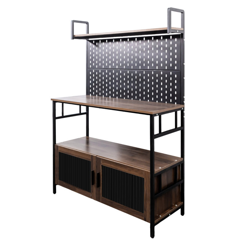 Kitchen Bakers Rack With Door And Microwave Oven Stand, Suitable For Small Areas To Enhance Storage, Organizer Versatile Hanging Items, Ample Adjustable Storage Shelves Glass - Unit, Water Finish,