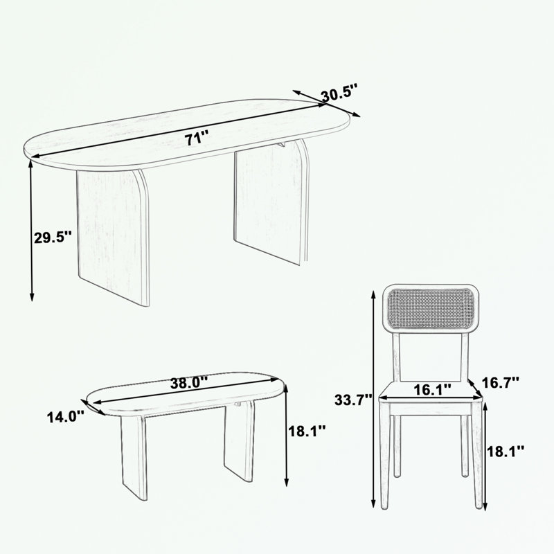 6 Piece Dining Table Set with Bench and 4 chairs, Brown