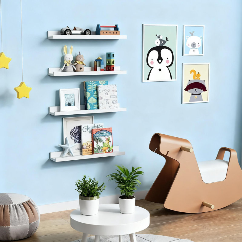 Set Of 4 Floating Shelves With Protective Lip, 24 Inch Wall Mounted Picture Ledge Shelves For Nursery, Living Room, Bathroom And Office, Real Wood Bookshelves For Kids Room Decor And Organization
